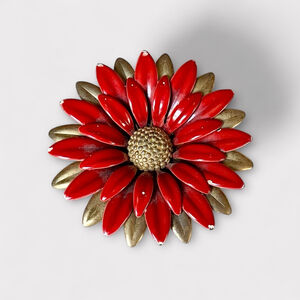 Large Vintage 1950s Rétro Enamel Flower Brooch Red Gold Flower Pin